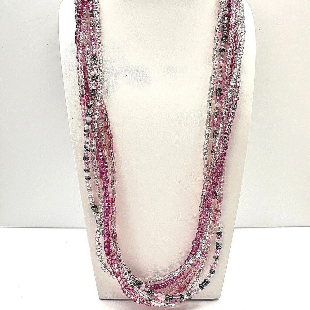 Vintage Y2K Multi Strand Pink Seed Beads Layered Necklace Silver toned Jewelry